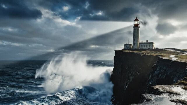 Dramatic scene of a lighthouse on a rugged cliff enduring stormy ocean waves crashing below, with a powerful light beam cutting through the dark clouds.