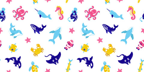 colorful seamless pattern with hand drawn sea animals octopus dolphin whale and crab on white background for kids fabric and nursery decor © pani_Nadichka