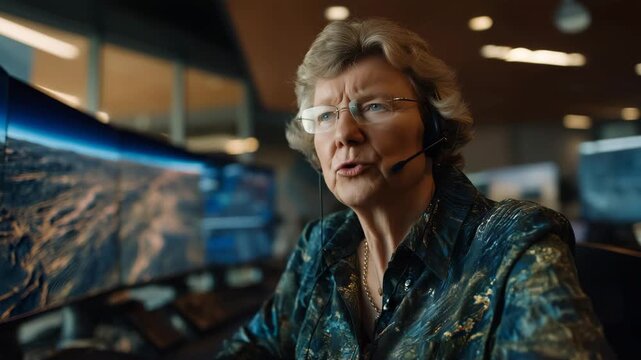 5Elderly mission control specialist analyzing holographic Mars terrain data on curved display screens, warm overhead lighting casting shadows, communication headset visible, perfect