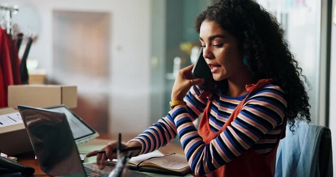 Woman, fashion or phone call for delivery, small business or logistics with e commerce inventory. Clothes designer, order or seller talking with technology for customer support, courier or sales