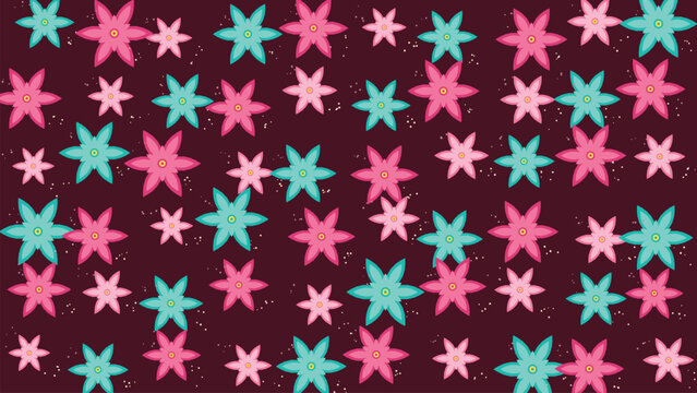 Seamless floral pattern of vibrant cartoon flowers in a flat vector illustration style, featuring playful pink, teal, and magenta blossoms on a rich burgundy background, creating a whimsical and moder