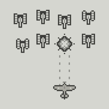 Retro Game scene of 8-bit arcade Pixel Art poster. Military Shooter Arcade Gameplay screen with air plane battle vs tanks of retro 80s - 90s pixel video game style. Editable vector template