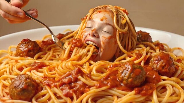 Redheaded woman submerged in giant plate of spaghetti and meatballs. Person lifting pasta with fork in surreal food scene. Static medium shot.