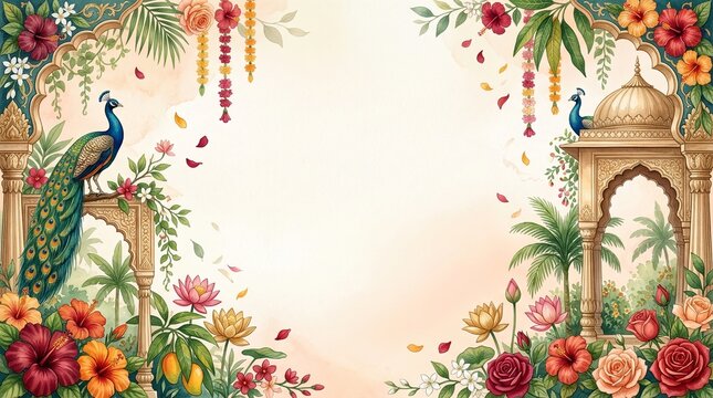 Rajasthani Palace Garden Wedding Background in Watercolor