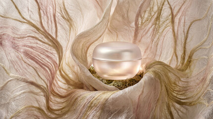 Fototapeta premium Luxury pink pearl cosmetic cream jar nestled in a soft, swirling nest of organic fiber and moss, beauty product.