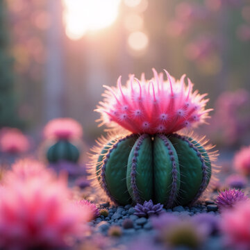 Surreal Garden with Cactus Fluffy Pink Feathers Instead of Spines. Generative ai.