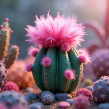 Surreal Garden with Cactus Fluffy Pink Feathers Instead of Spines. Generative ai.