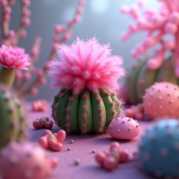 Surreal Garden with Cactus Fluffy Pink Feathers Instead of Spines. Generative ai.