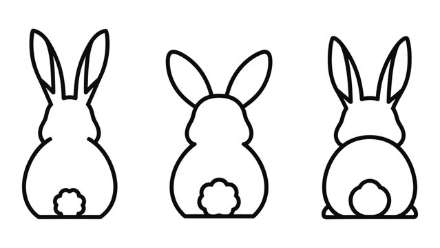 Three simple line art rabbits in varying poses side front and rear views