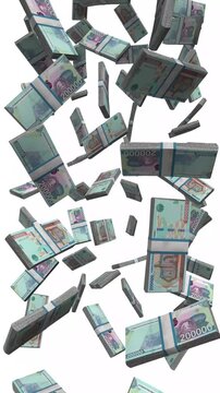 Vertical Uzbekistan Money, Falling Uzbek Som Bills, Cash Stacks Isolated on White, 4K