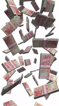 Vertical Guernsey Money, Falling Guernsey Pound Bills, Cash Stacks Isolated on White, 4K