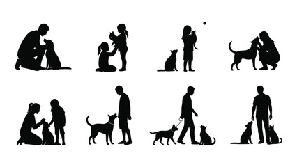 Silhouettes of people interacting with their canine and feline companions © MDSAEEM