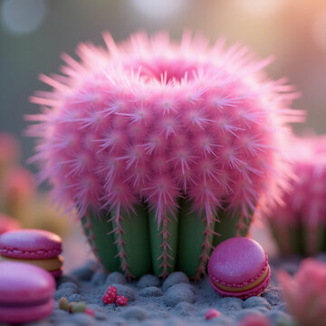 Whimsical Surreal Garden with Glowing Feather Cactus and Macaron Succulent. Generative ai.