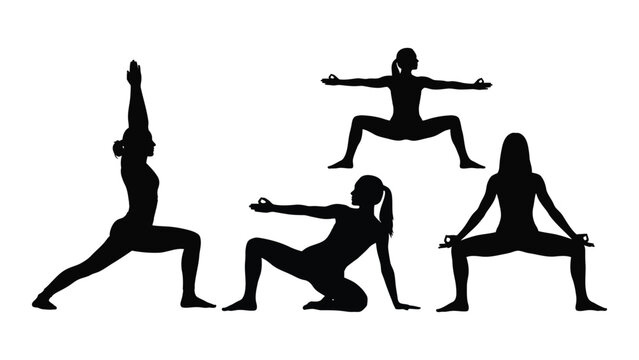 Silhouettes of four women performing various yoga poses against a white background