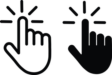 Obraz premium Click hand cursor icon set vector with pointer finger pressing button in outline and solid black styles