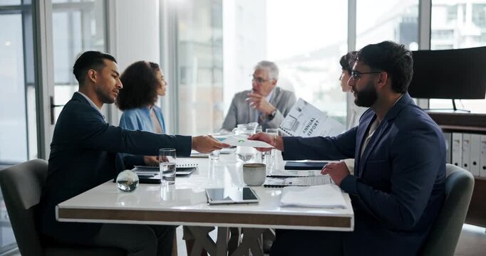 Team, talking and business people in meeting with data, metrics and kpi in office. Group, discussion or investment manager with analysis, report document or planning project strategy with mature CEO