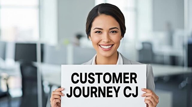 A businesswoman holding a customer journey sign for the concept of Customer experience.