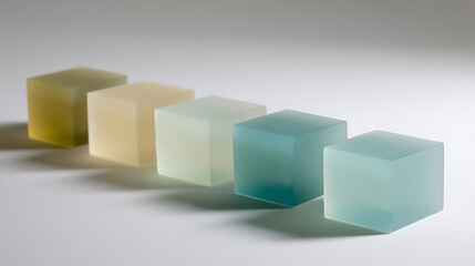 Obraz premium Abstract row of translucent, colorful cubic shapes in varying shades of green, yellow, and blue, illuminated on a clean surface