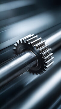 Close-up of metal gear on linear gear rack in industrial mechanical engineering setting