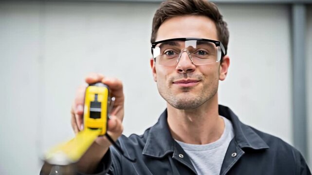 A construction worker holding a measuring tape, embodying the spirit of precision and hard work in the industry.