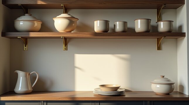 Dark oak open shelving with ceramic vessels and brass brackets, curated kitchen detail