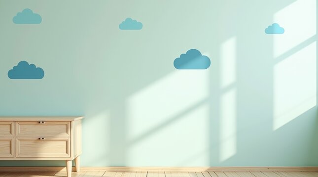 Soft mint accent wall with blue cloud decals and wood furniture, whimsical children detail