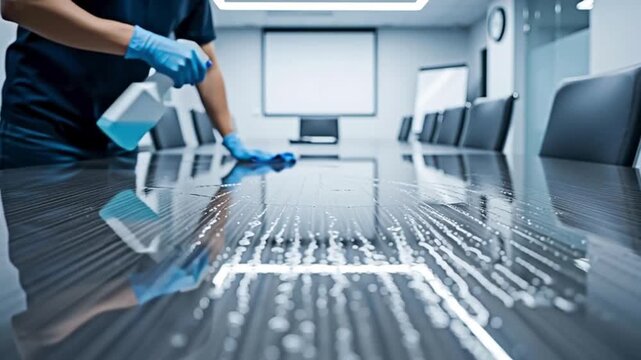 Cleaning a boardroom table, symbolizing cleanliness and hygiene.