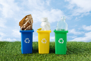 Sorting and recycling waste, colorful recycling bin with glass, paper, and plastic on grass over sky. Containers for waste separation, promoting eco friendly living and environmental awareness.