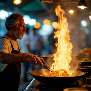 Vendor Cooking Pad Thai with Flames Leaping from Wok at Night Market. Generative ai.