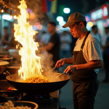 Vendor Cooking Pad Thai with Flames Leaping from Wok at Night Market. Generative ai.
