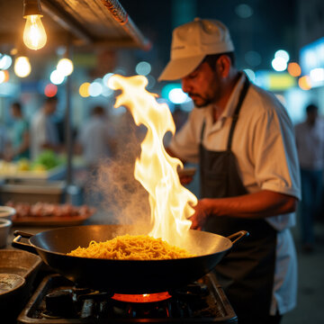 Vendor Cooking Pad Thai with Flames Leaping from Wok at Night Market. Generative ai.