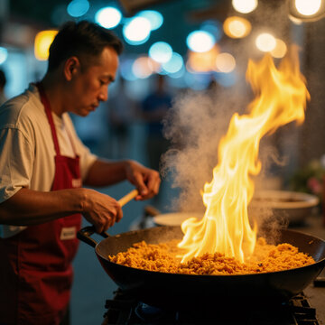 Vendor Cooking Pad Thai with Flames Leaping from Wok at Night Market. Generative ai.