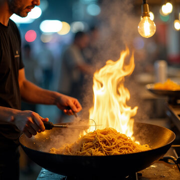 Vendor Cooking Pad Thai with Flames Leaping from Wok at Night Market. Generative ai.