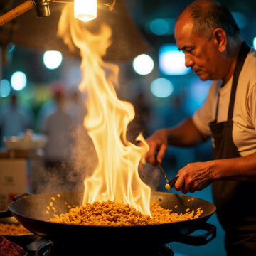 Street Food Vendor in Bangkok Making Pad Thai in Wok with Flames. Generative ai.