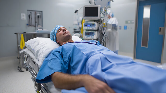 Patient Awaits Procedure on Stretcher in Operating Room with Medical Staff and Equipment Present, Serene Atmosphere for Healthcare Concepts