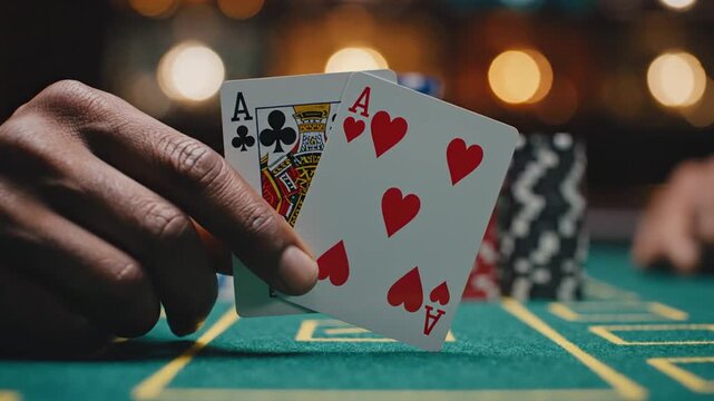 Close-up View of a Human Hand Holding Two Playing Cards with the Ace of Clubs Visible on Top, Set Against a Dark Background for High Contrast and Detailed Focus on Card Suit and Paper.