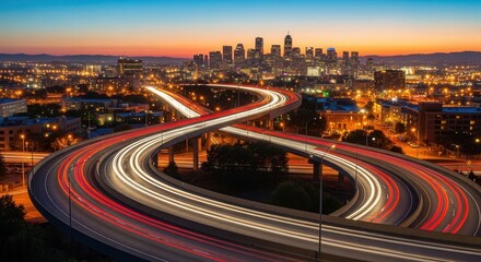 Obraz premium Cityscape Freeway Interchange At Twilight With Streaking Lights