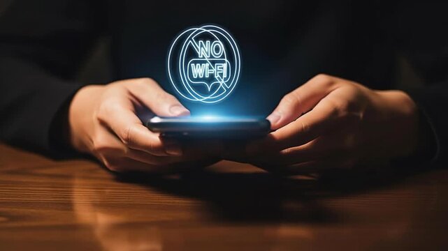 Hands using smartphone with glowing no wifi icon showing internet connection problem