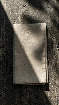 Contemplative view of a beige book on concrete surface with soft shadow, captured in minimalist natural light setting