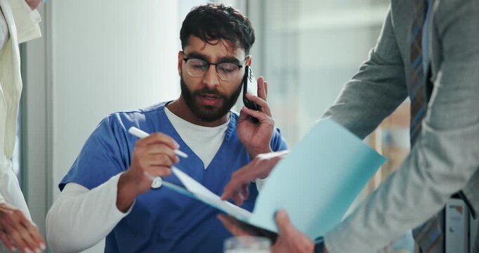 Multitask, busy and doctor with paperwork in office for administration anxiety, stress or crisis. Time management, phone call and male chief of surgery with medical documents with clinic chaos.