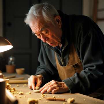 Elderly Craftsman with Wrinkled Hands Carving Wood Traditional Workshop. Generative ai.