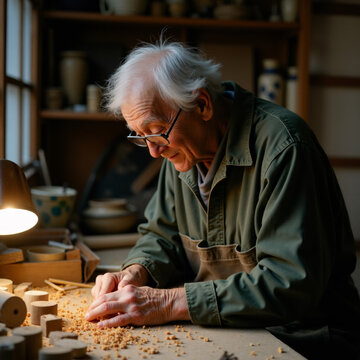 Elderly Craftsman with Wrinkled Hands Carving Wood Traditional Workshop. Generative ai.