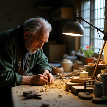 Elderly Craftsman with Wrinkled Hands Carving Wood Traditional Workshop. Generative ai.