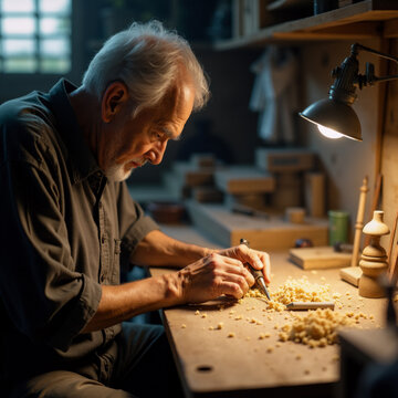 Elderly Japanese Craftsman Carving Wood with Traditional Tools in Workshop. Generative ai.