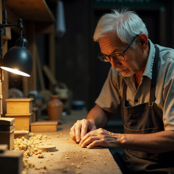 Elderly Japanese Craftsman Carving Wood with Traditional Tools in Workshop. Generative ai.