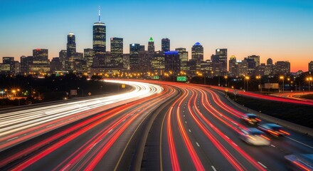 Obraz premium Cityscape Highway Traffic Trails At Twilight Vibrant Urban Energy