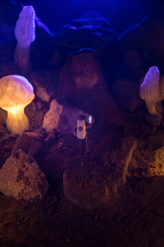 Abstract Miniature of Another Planet with Giant Glowing Mushrooms. A Nighttime Scene on an Alien World, Illuminated by the Soft Glow of Otherworldly Fungi.