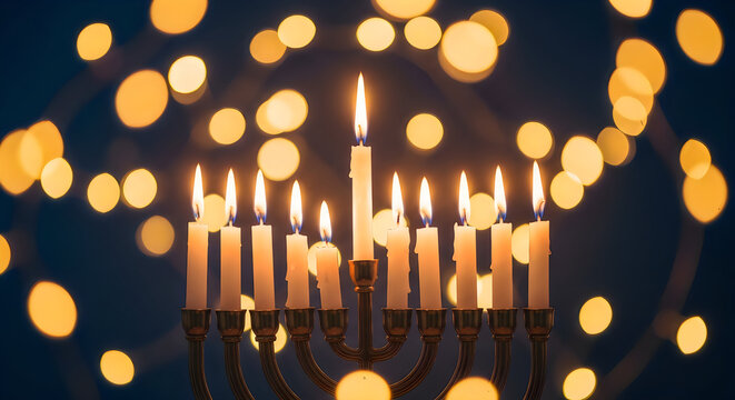 Menorah with lit candles surrounded by bokeh lights