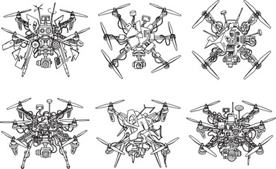 Fototapeta premium Set FPV Drone. Hand drawn vector illustration 
