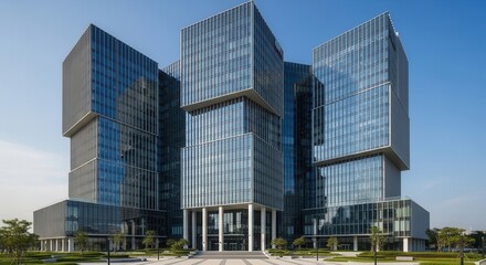 Obraz premium Contemporary Glass Facade Office Building Complex Under Clear Blue Sky